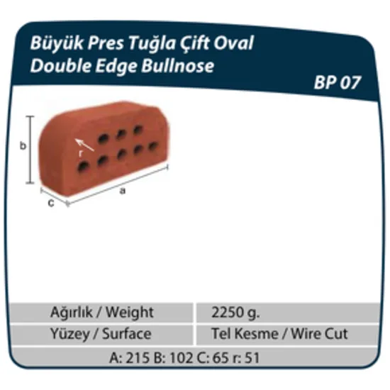 Çenesizler Toprak - Kiremit Tuğla - Büyük Pres Tuğla Çift Oval - 215 x 102 x 65 mm Ebatlarında Pres Tuğla