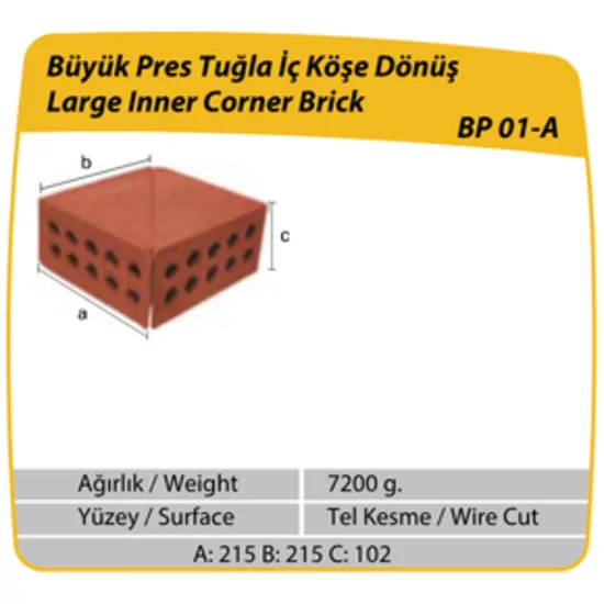 Çenesizler Toprak - Kiremit Tuğla - Büyük Pres Tuğla Dış Köşe Dönüş - 215 x 215 x 65 mm Ebatlarında Pres Tuğla