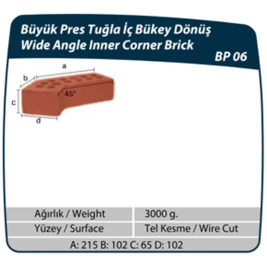 Çenesizler Toprak - Kiremit Tuğla - Büyük Pres Tuğla İç Bükey Dönüş - 215 x 102 x 65 mm Ebatlarında Pres Tuğla