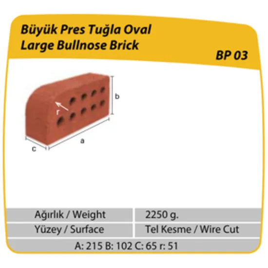 Çenesizler Toprak - Kiremit Tuğla - Büyük Pres Tuğla Oval - 215 x 102 x 102 mm Ebatlarında Pres Tuğla