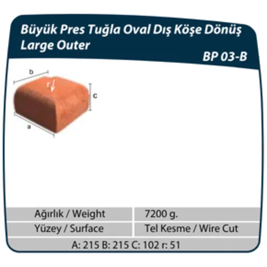 Çenesizler Toprak - Kiremit Tuğla - Büyük Pres Tuğla Oval Dış Köşe Dönüş - 215 x 215 x 102 mm Ebatlarında Pres Tuğla