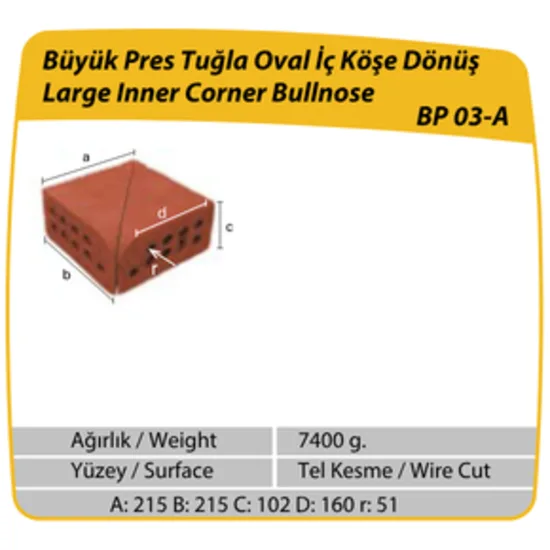 Çenesizler Toprak - Kiremit Tuğla - Büyük Pres Tuğla Oval İç Köşe Dönüş - 215 x 215 x 102 mm Ebatlarında Pres Tuğla