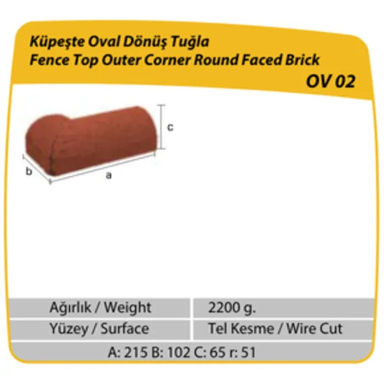 Çenesizler Toprak - Kiremit Tuğla - Küpeşte Oval Dönüş Tuğla - 215 x 102 x 65 mm Ebatlarında Pres Tuğla