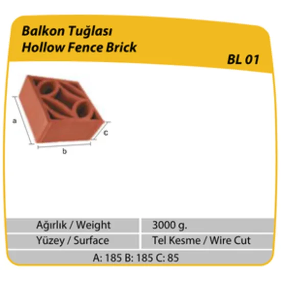 Çenesizler Toprak - Kiremit Tuğla - Balkon Tuğlası - 185 x 185 x 85 mm Ebatlarında Pres Tuğla