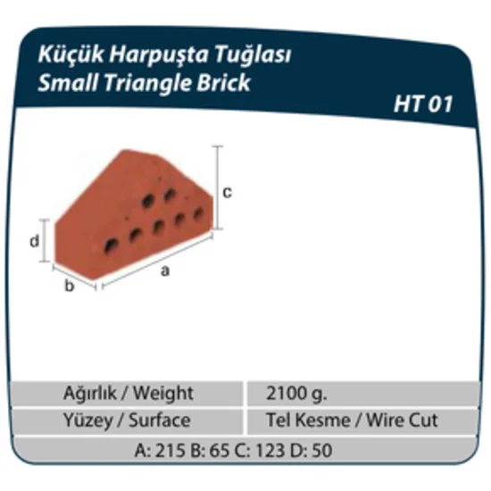 Çenesizler Toprak - Kiremit Tuğla - Küçük Harpuşta Tuğlası - 215 x 65 x 123 mm Ebatlarında Pres Tuğla