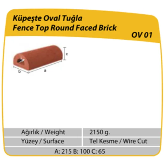Çenesizler Toprak - Kiremit Tuğla - Küpeşte Oval Tuğla - 190 x 90 x 50 mm Ebatlarında Pres Tuğla