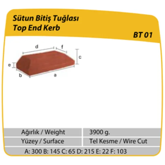 Çenesizler Toprak - Kiremit Tuğla - Sütun Bitiş Tuğlası - 300 x 145 x 65 mm Ebatlarında Pres Tuğla