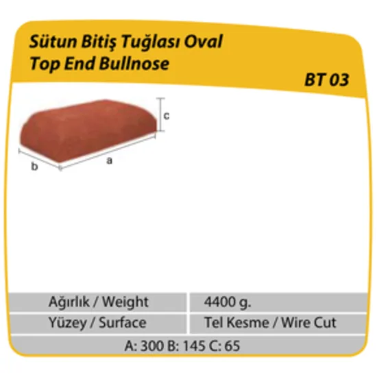 Çenesizler Toprak - Kiremit Tuğla - Sütun Bitiş Tuğlası Oval - 300 x 145 x 65 mm Ebatlarında Pres Tuğla